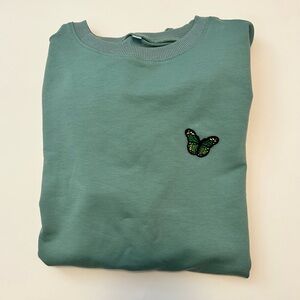 Sage Green Butterfly Embroidered Crewneck Sweatshirt- Size Large NWOT